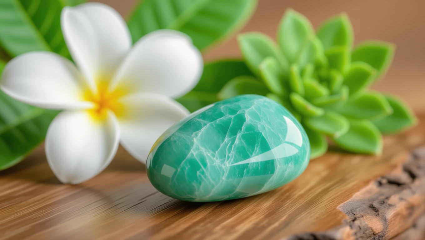 Une pierre d'amazonite turquoise posée sur une surface en bois, entourée de feuilles et d'une fleur blanche.