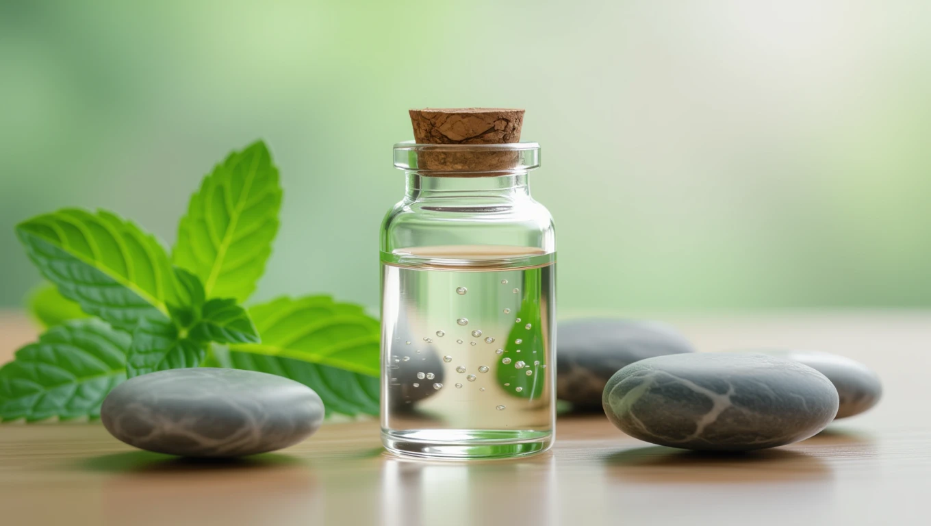 Flacon en verre contenant un liquide clair, entouré de feuilles de menthe et de pierres.