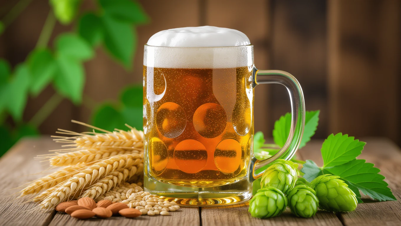 Une chope de bière dorée entourée de houblon, d'orge et d'amandes.