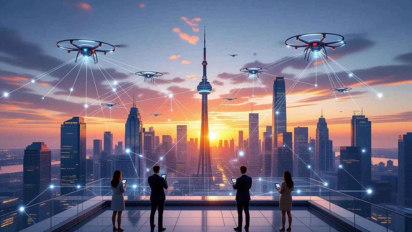 Des professionnels observant une ville futuriste avec des drones et des connexions 5G.