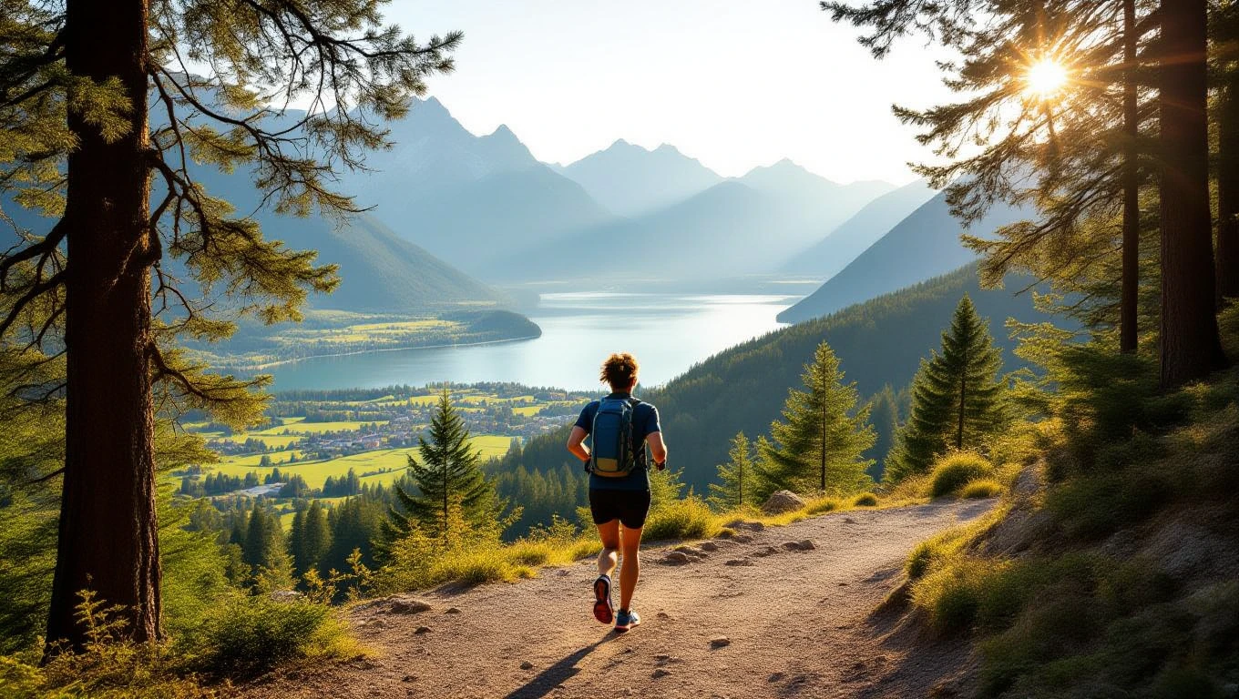 Un coureur sur un sentier montagneux avec un paysage verdoyant et un lac en arrière-plan.