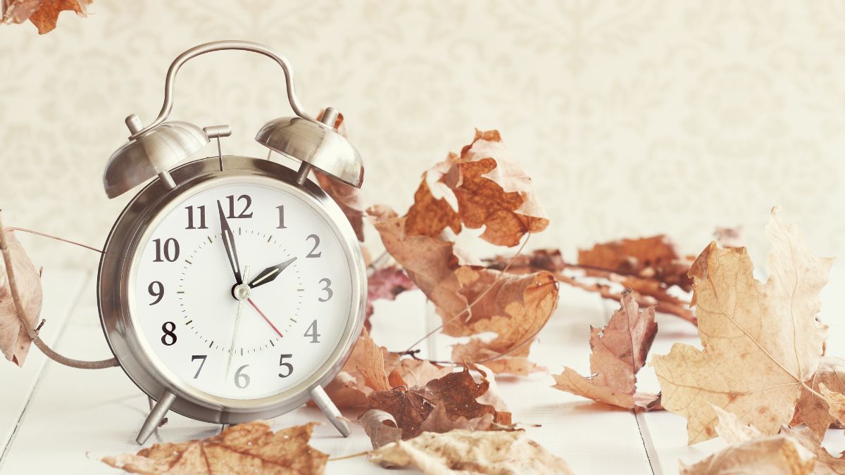 Heure d’été : pourquoi est-elle nécessaire et comment fonctionne-t-elle ? Une horloge vintage entourée de feuilles mortes, symbolisant le changement d'heure.
