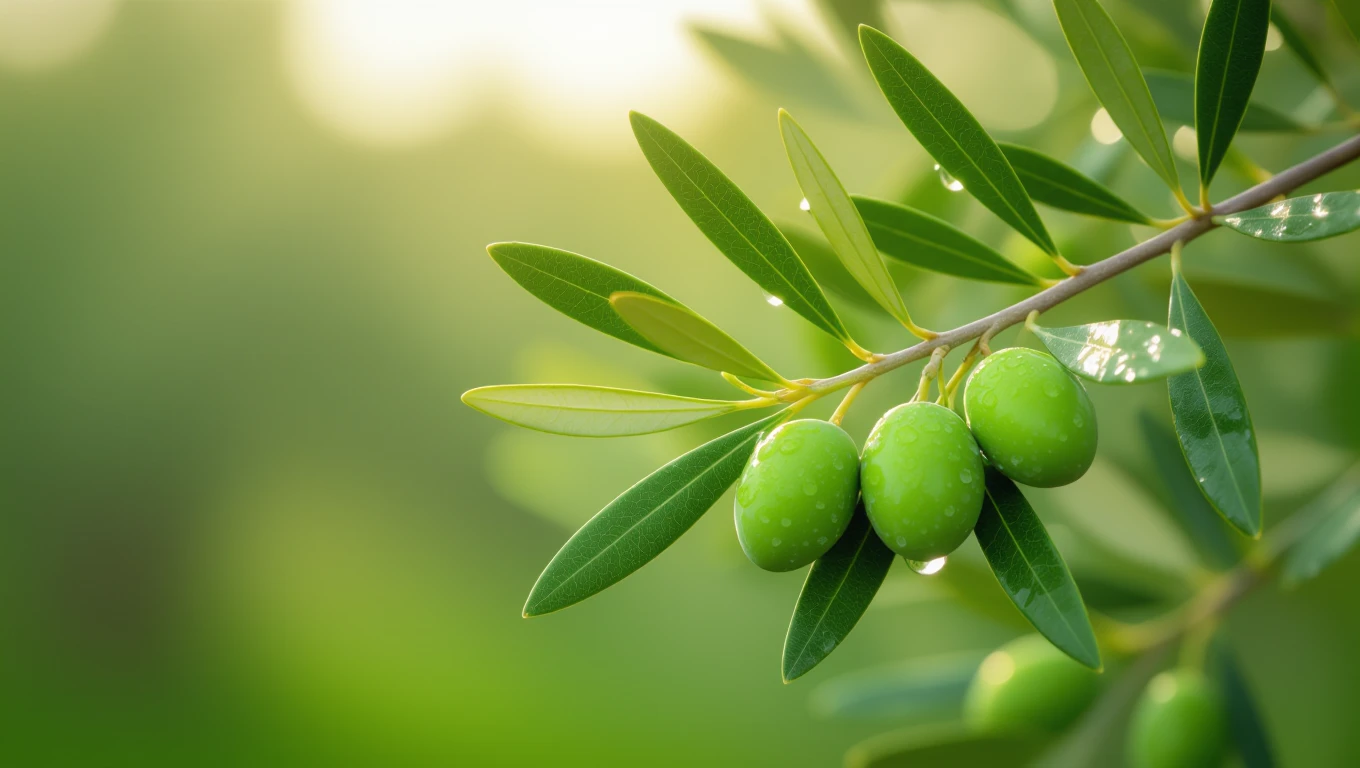 Branche d'olivier avec des feuilles vertes et des olives encore non mûres.