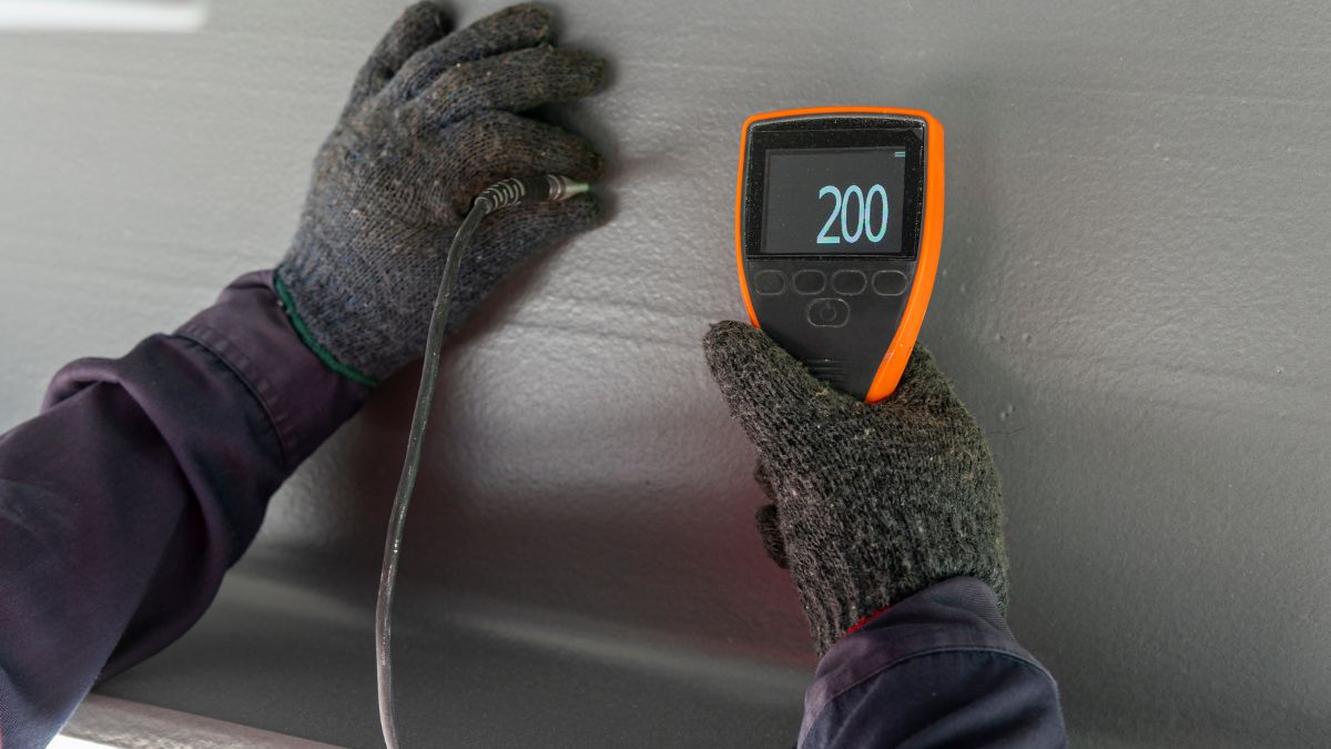 Un professionnel utilise un mesureur d'épaisseur de couche sur une surface grise.