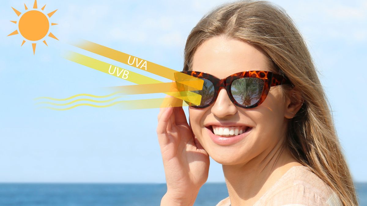 Protection des yeux contre les UV : conseils pratiques Femme souriante portant des lunettes de soleil protégeant des UV au bord de la mer.