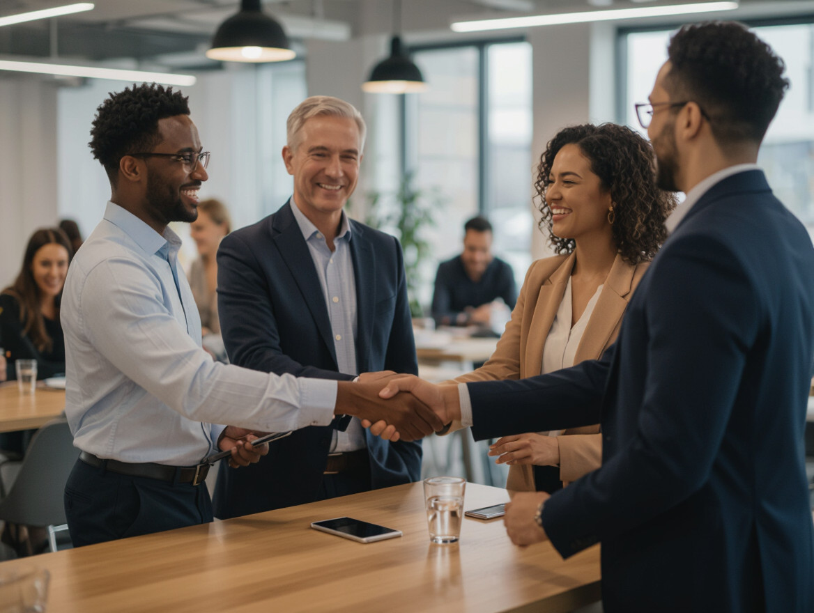 L’art du networking : Comment créer des contacts précieux Quatre professionnels se serrent la main dans un bureau moderne, souriants et engagés.