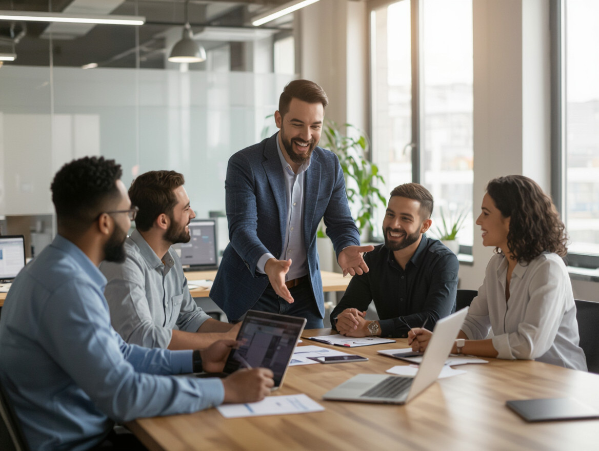 Comment devenir un leader au travail, même sans être manager ? Un groupe de collègues souriants échangeant des idées lors d'une réunion.