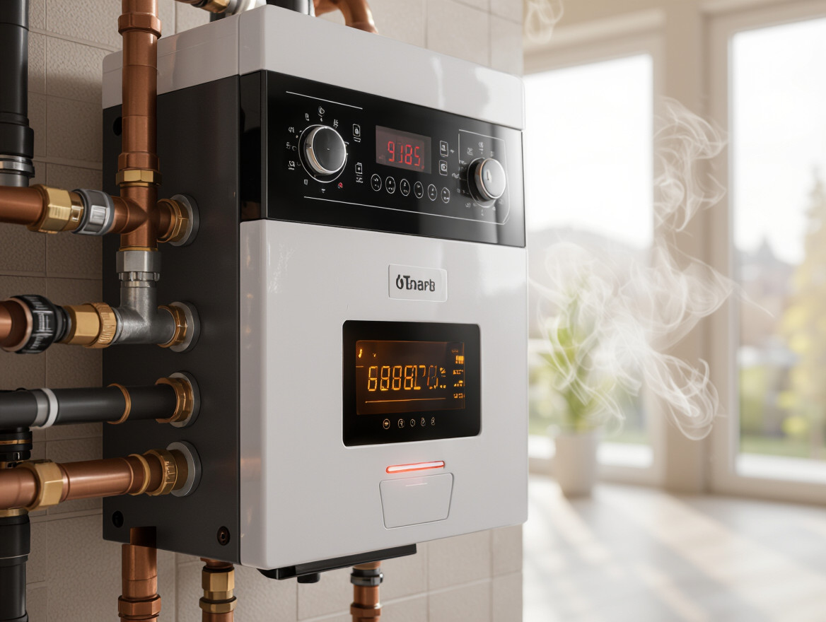 Chaudière à gaz moderne avec affichage numérique et tuyauterie en cuivre.