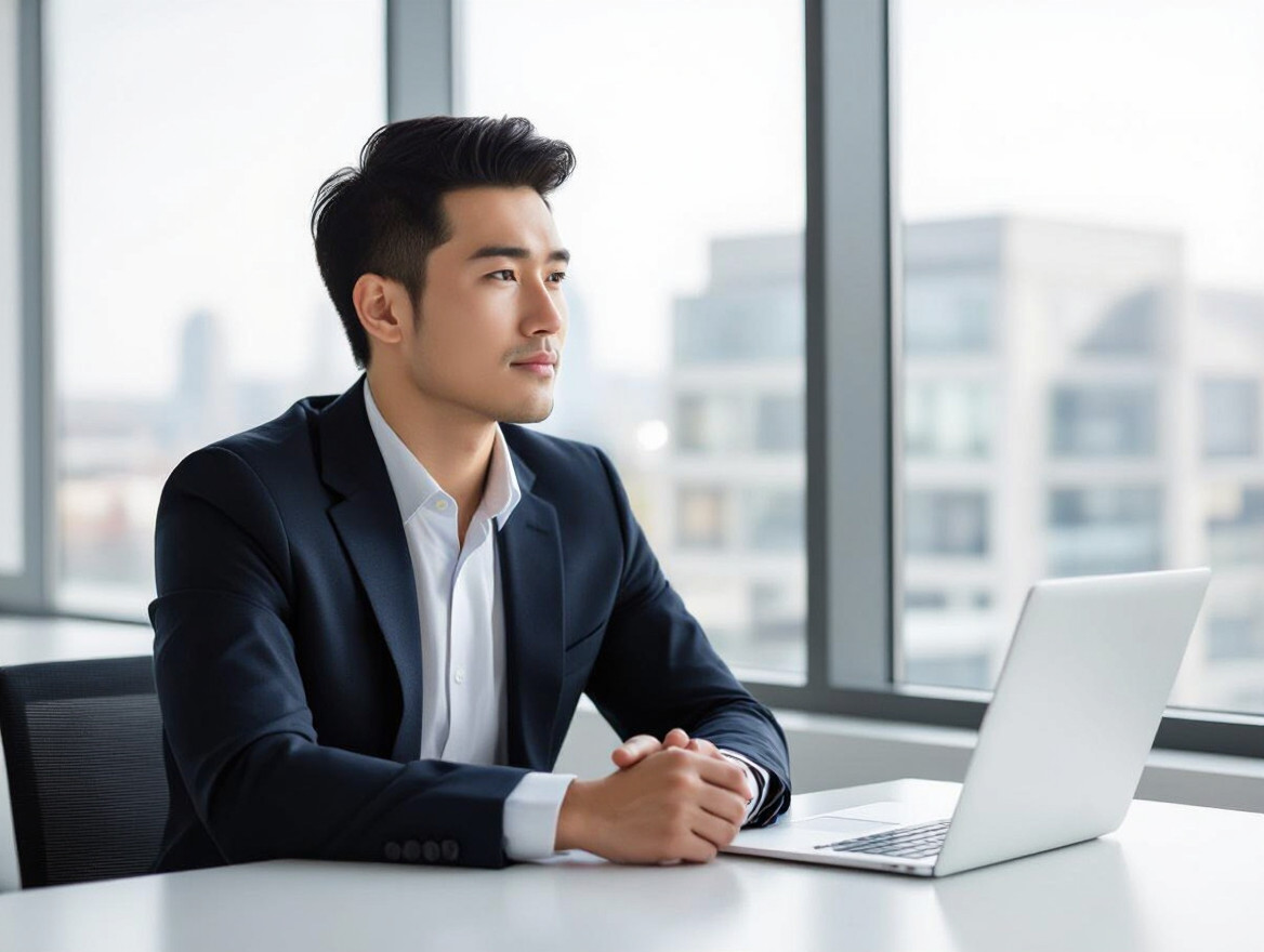 Comment gérer un refus après un entretien d’embauche ? Un homme en costume réfléchissant après un entretien d'embauche, devant un ordinateur.