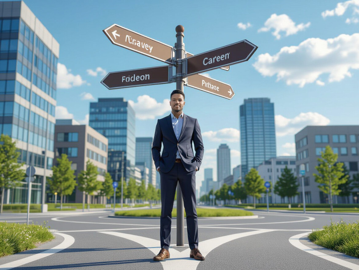 Comment trouver le travail qui vous correspond vraiment ? Un homme en costume se tient devant un panneau directionnel dans une ville moderne.