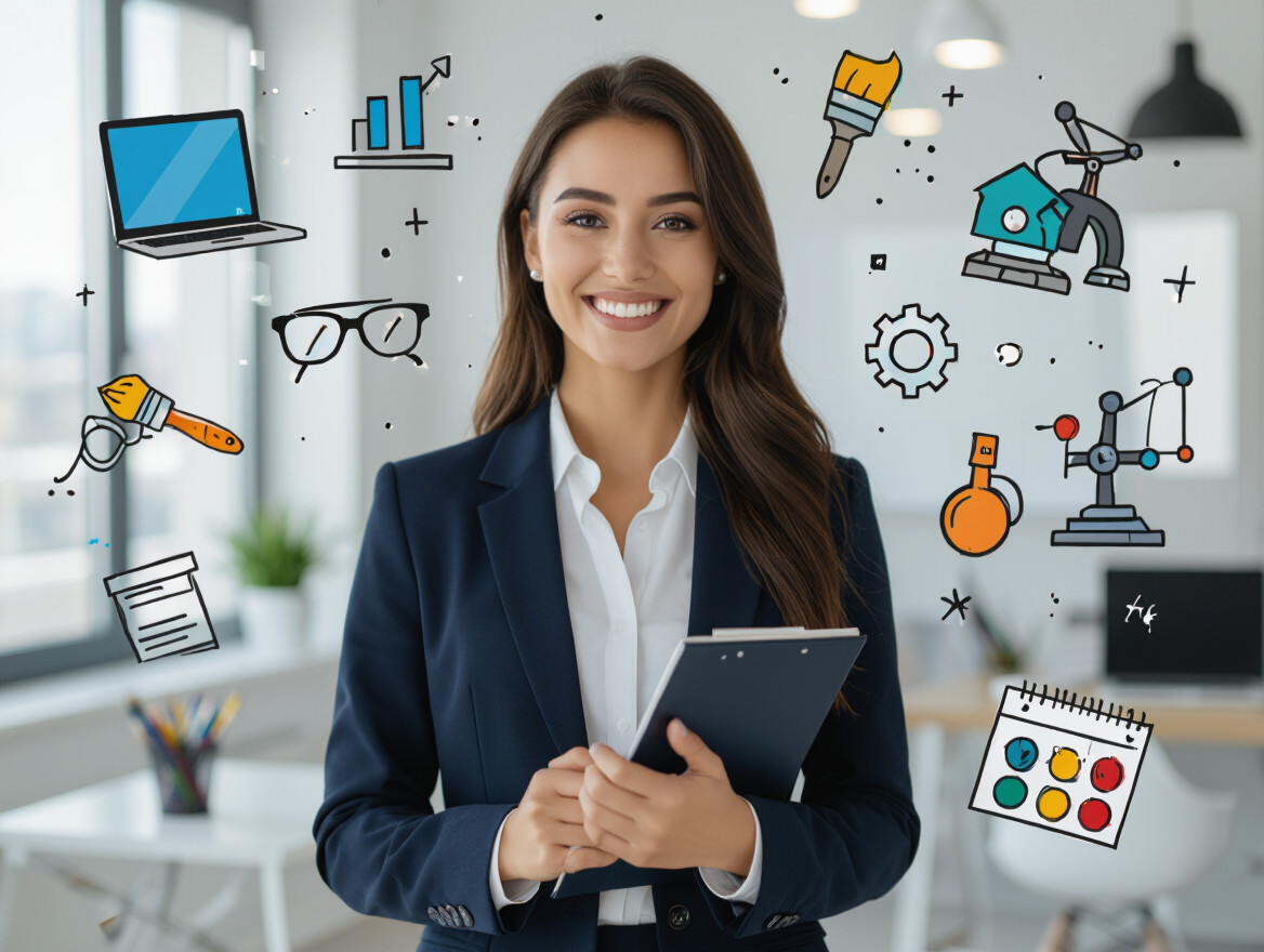 Comment trouver votre passion et la transformer en carrière Femme souriante en costume, tenant un carnet, entourée d'illustrations d'outils et de graphiques.