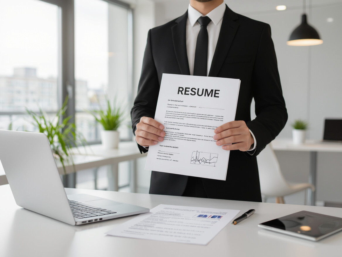 10 conseils pour les jeunes diplômés à la recherche d’un emploi Un jeune diplômé en costume tient un CV dans un bureau moderne.