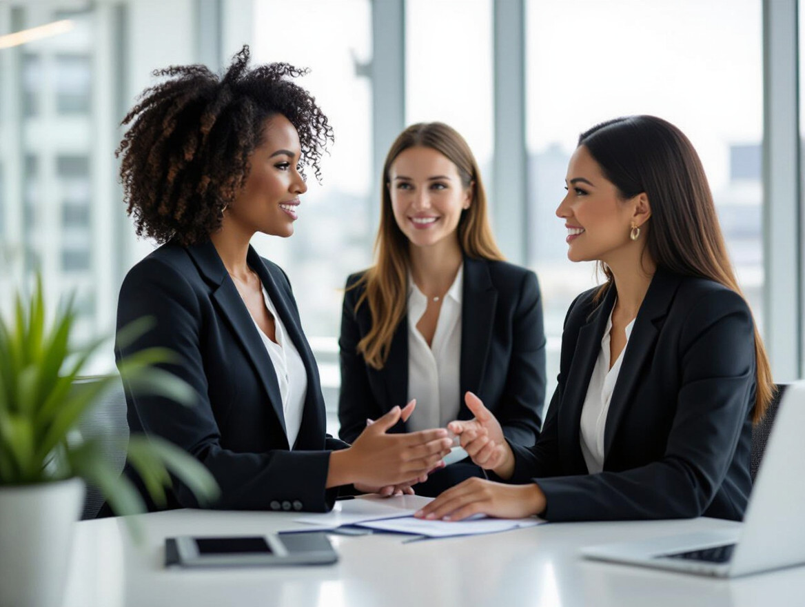 10 conseils pour réussir sa carrière quand on est une femme Trois femmes en costume discutent autour d'une table dans un bureau moderne.