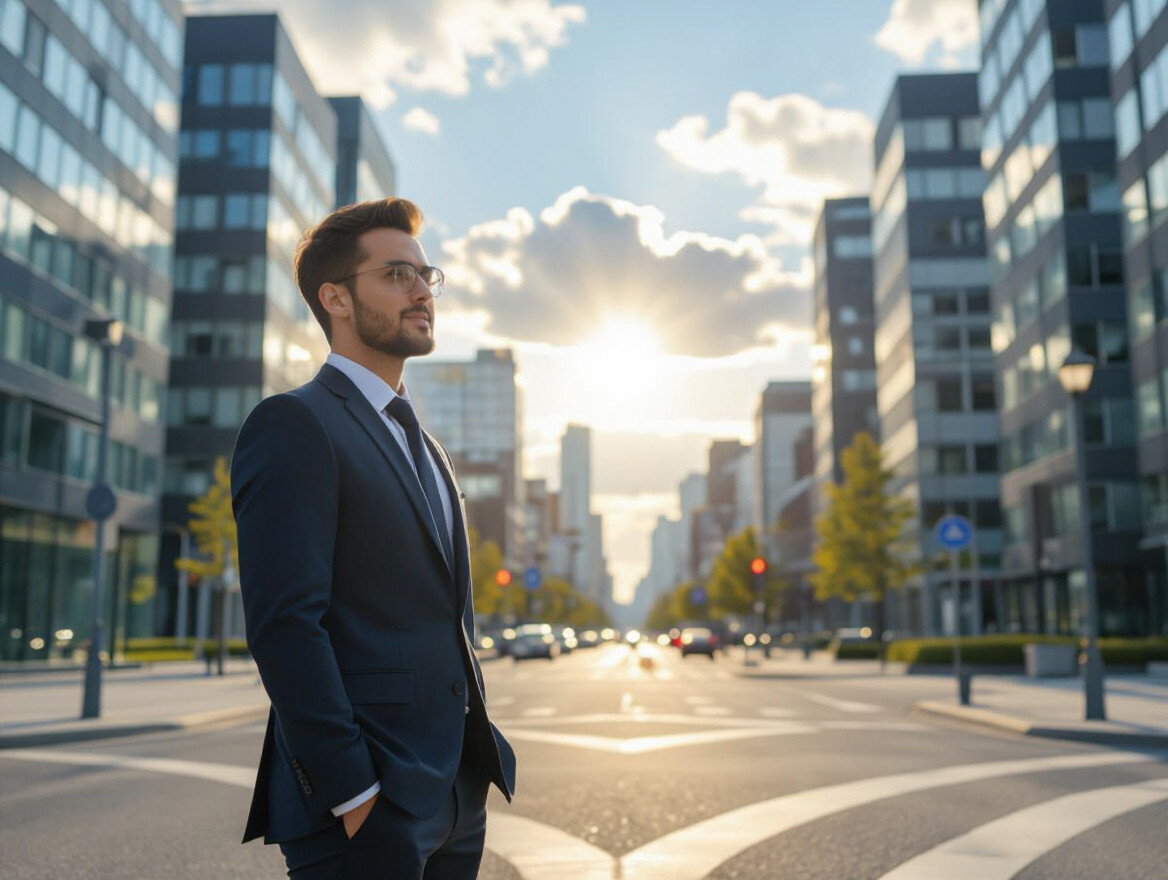 5 étapes pour relancer votre carrière avec succès Un homme en costume se tient dans une rue moderne, regardant l'horizon au coucher du soleil.
