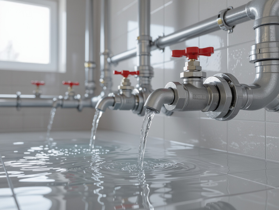 Comment fonctionnent les robinets d’eau ? Les secrets d’une distribution efficace Des robinets en métal laissant couler de l'eau sur un sol carrelé.