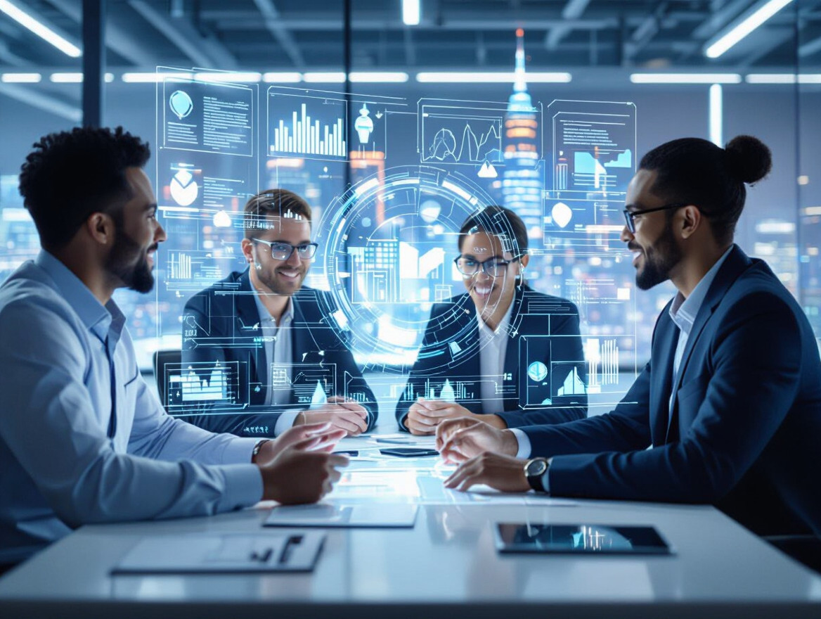 Les compétences clés du futur marché du travail Quatre professionnels discutent autour d'une table avec des graphiques numériques en arrière-plan.