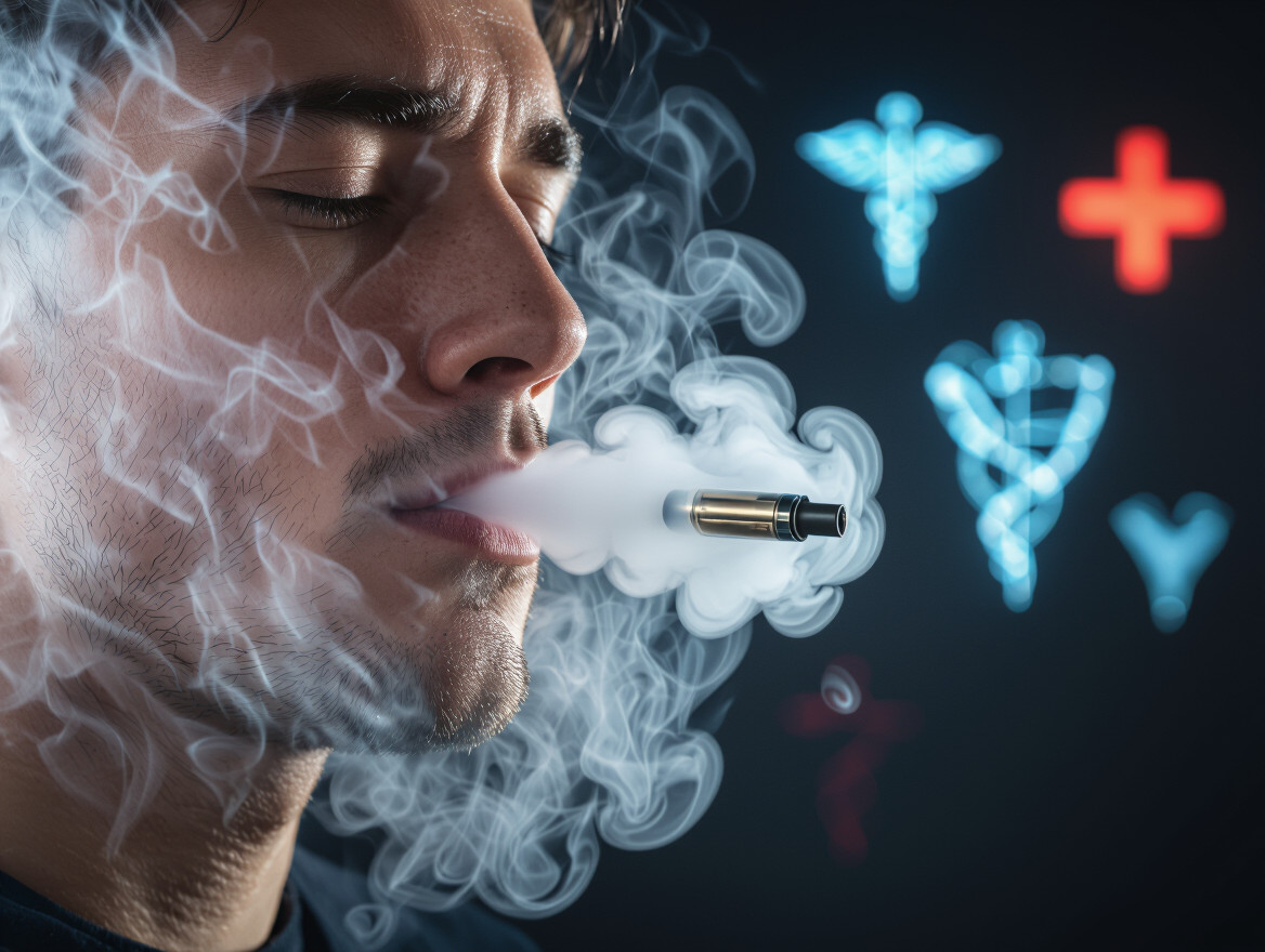 Les dangers cachés de la cigarette électronique : Risques pour la santé Un homme vapote, entouré de fumée, avec des symboles de santé en arrière-plan.