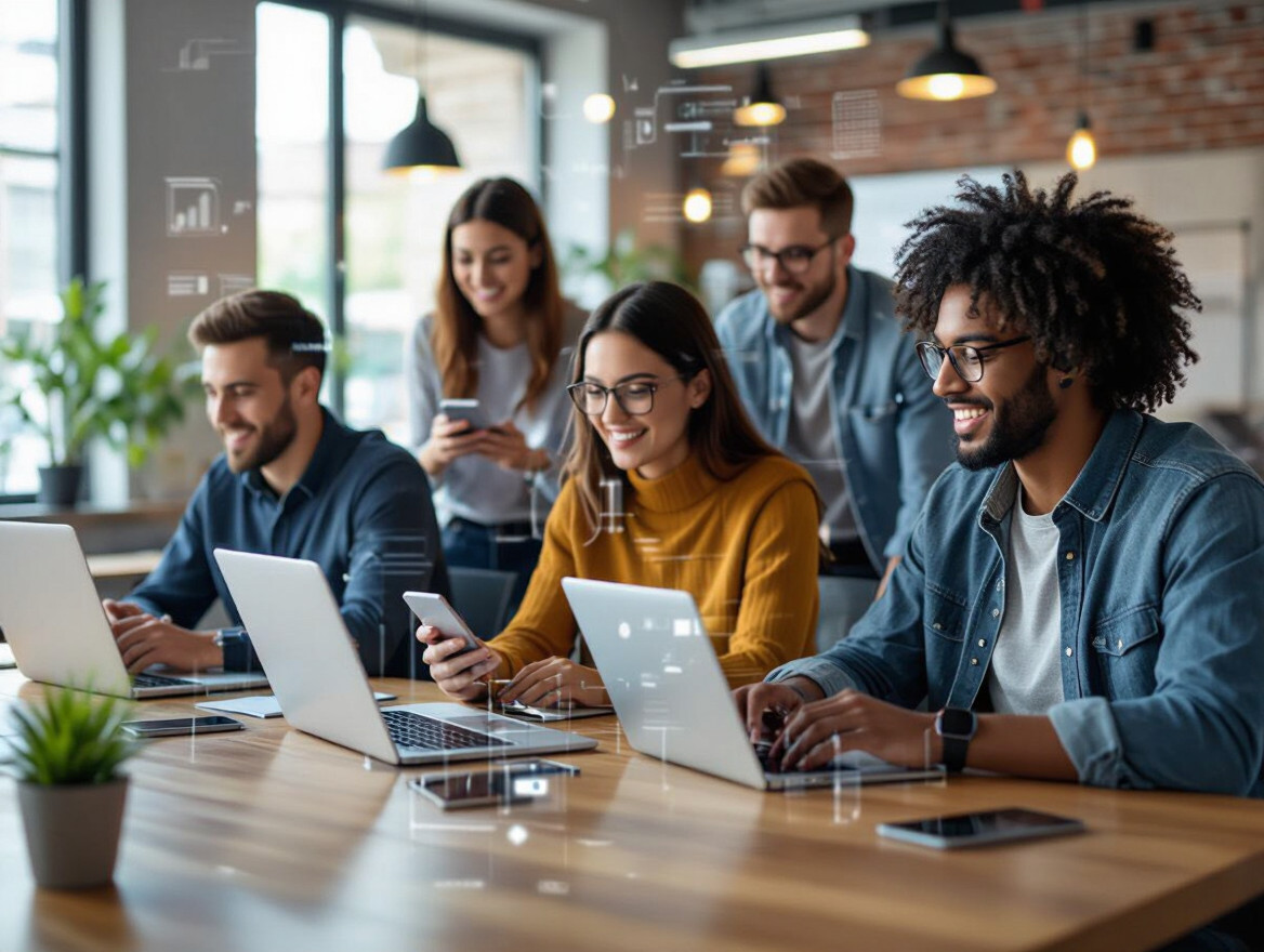 Les sites d’emploi les plus populaires en 2025 : Où chercher un poste ? Un groupe de jeunes professionnels travaillant sur des ordinateurs portables dans un bureau moderne.
