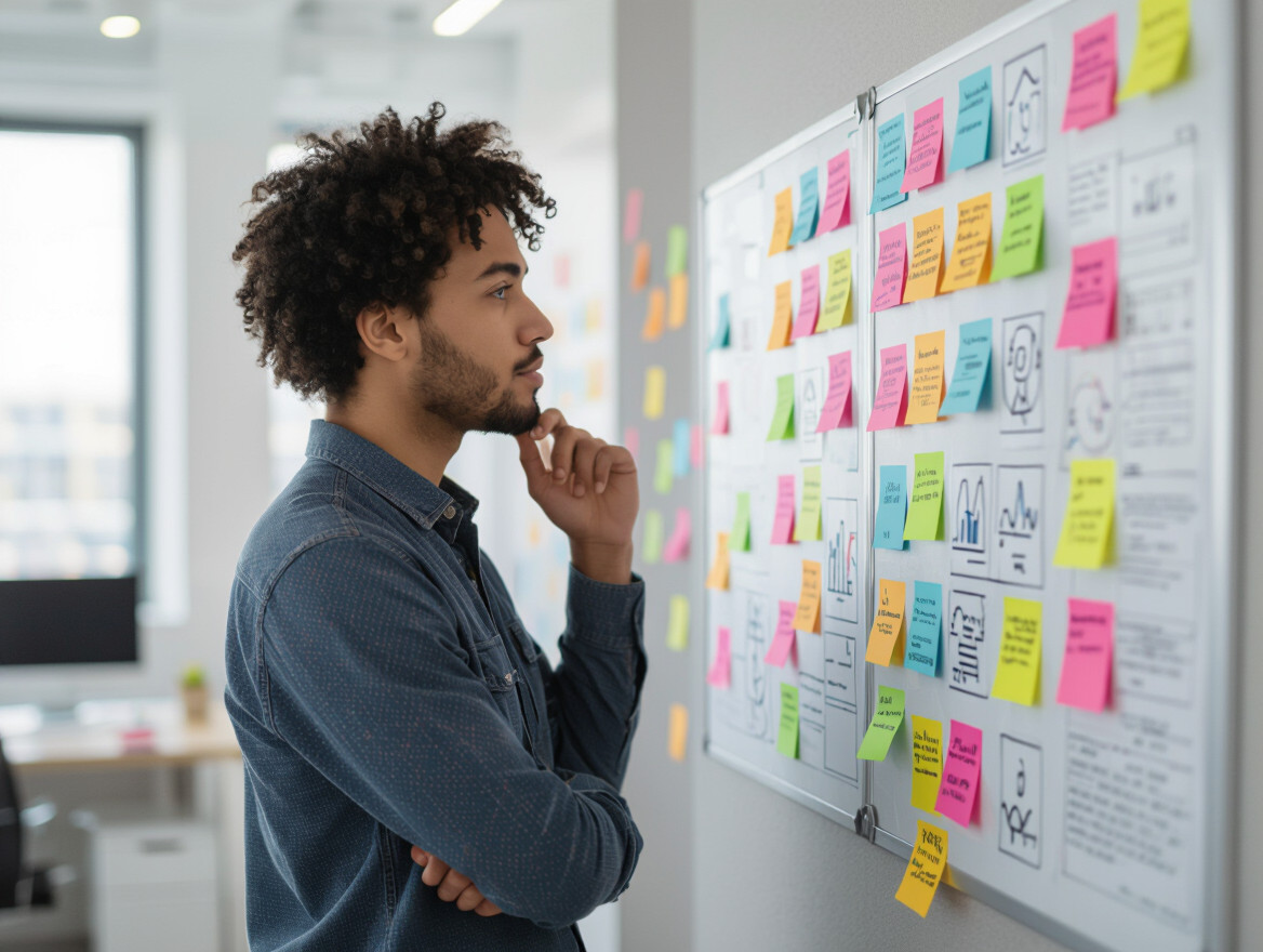 Comment définir vos objectifs de carrière pas à pas Un homme réfléchissant devant un tableau rempli de notes autocollantes colorées.