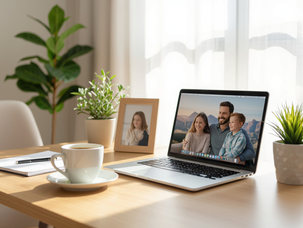 7 conseils pour trouver l’équilibre entre vie professionnelle et vie privée Bureau avec un ordinateur portable affichant une photo de famille, une tasse de café et des plantes.